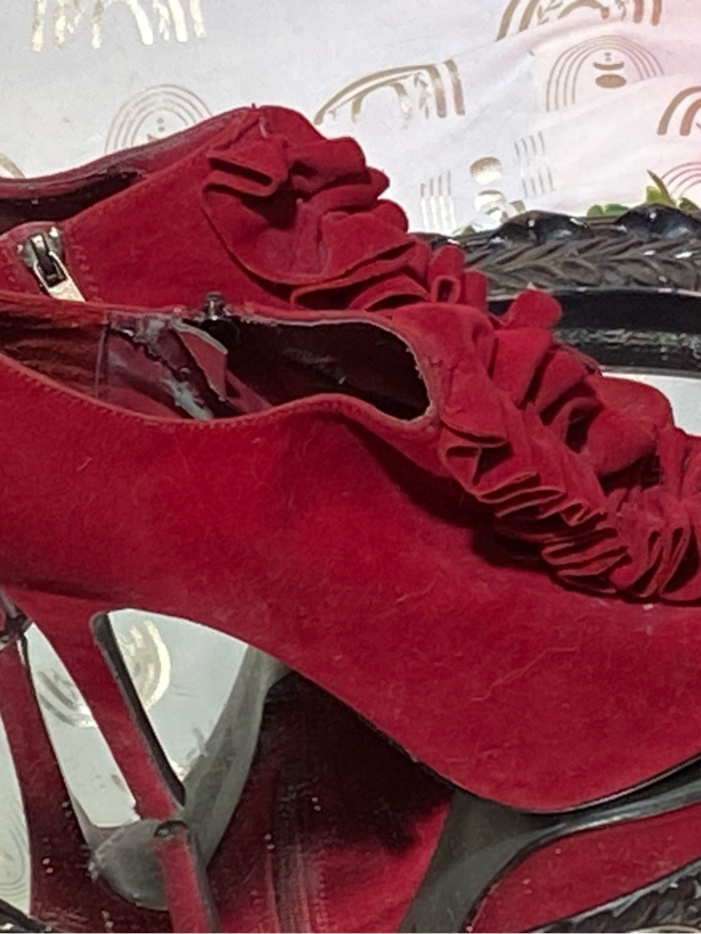 Women’s Red Suede Ruffle Peep-Toe High Heel Booties - Picture 7 of 15
